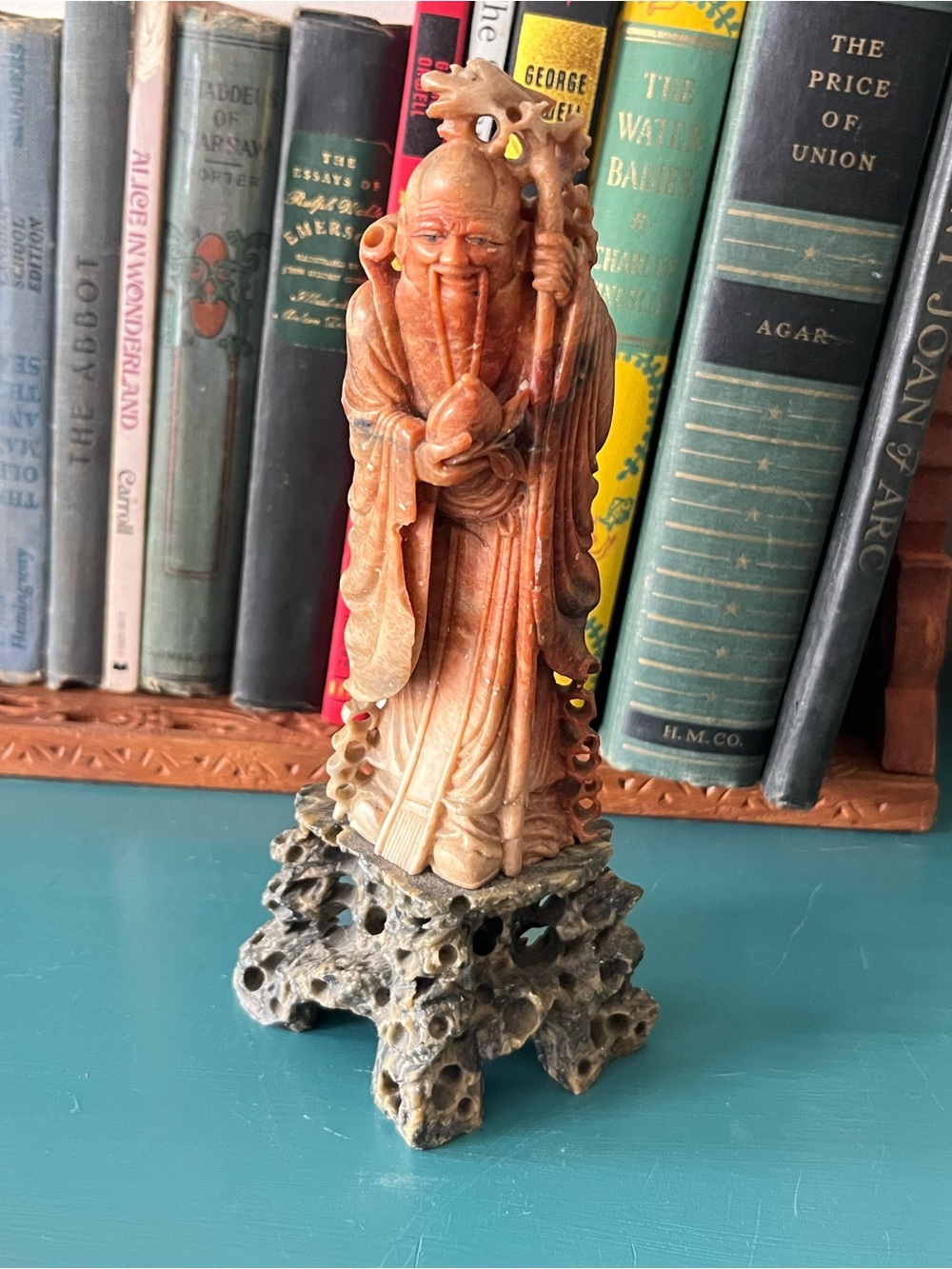 Antique Late 19th C Chinese Red Soapstone carving of Shou Lao Statue Figurine